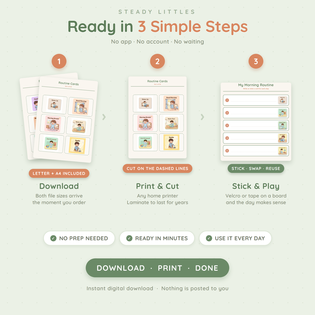 Visual Schedule & Routine Cards — 100+ Printable Icon Cards for Autism (Ages 2–8)