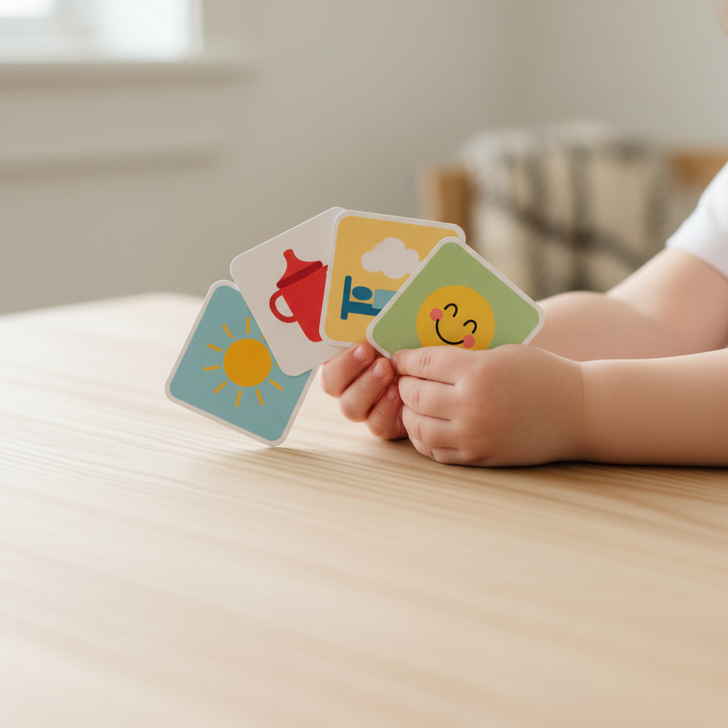 Child holding printed communication cards on a wooden table