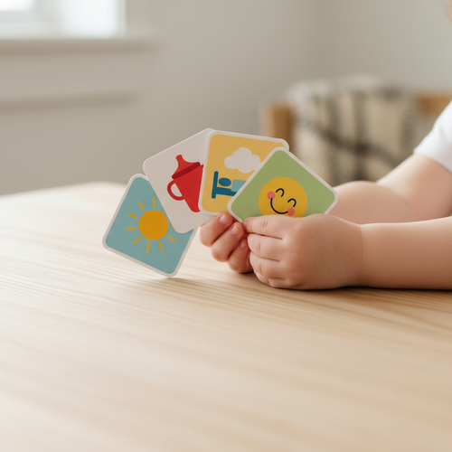 Child holding printed communication cards on a wooden table